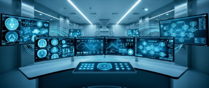 AI-generated image in shades of blue showing a control panel and several screens...