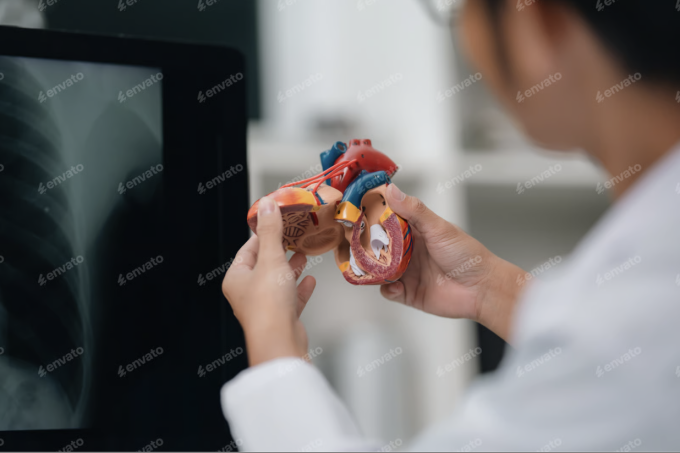 Healthcare professional holding an anatomical model of a human heart while...