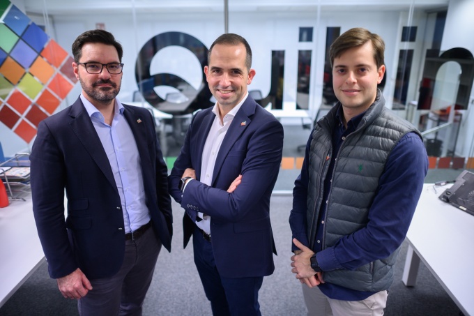 Alberto Valiente, Ángel Alberich, Javier Sáez from Quibim posing for a...